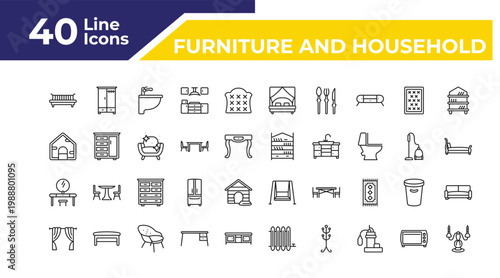 outline furniture and household icons set - dog, lowboy, curtains. editable vector for web and mobile ui