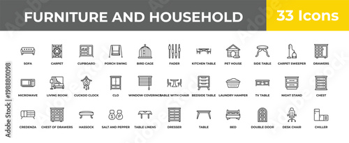 outline furniture and household icons set - cuckoo clock, chest of drawers, chiller. editable vector for web and mobile ui