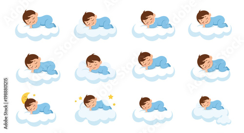 Sleeping babies illustrated on fluffy clouds with stars and a crescent moon