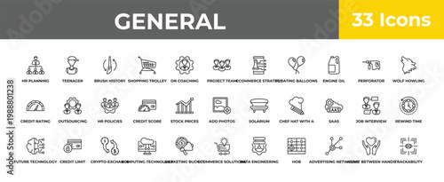 outline general icons set - hr policies, credit limit, trackability. editable vector for web and mobile ui