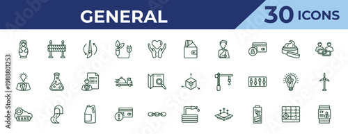 outline general icons set - card wallet, brand awareness, saas. editable vector for web and mobile ui