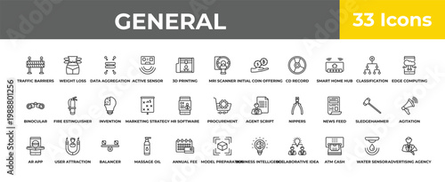outline general icons set - invention, user attraction, advertising agency. editable vector for web and mobile ui