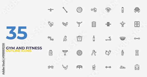 outline gym and fitness icons set - to do list, carrot and, fitness body. editable vector for web and mobile ui
