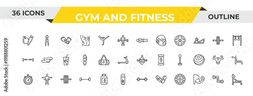 outline gym and fitness icons set - athletic strap, sport bag, gymnastic roller. editable vector for web and mobile ui