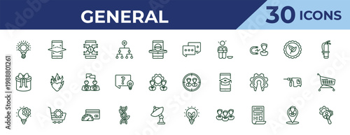 outline general icons set - message app, gift box with ribbon, fintech innovation. editable vector for web and mobile ui