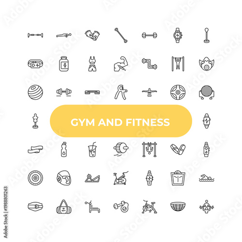 outline gym and fitness icons set - gymnastic ball, isotonic, fitness watch. editable vector for web and mobile ui