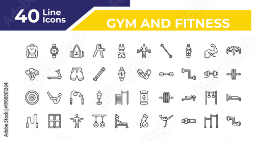 outline gym and fitness icons set - broccoli porcion, weight drive, skip rope. editable vector for web and mobile ui
