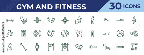 outline gym and fitness icons set - steroids, grip, good diet. editable vector for web and mobile ui