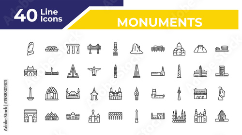 outline monuments icons set - gat of india, national monument monas, arc of triomphe. editable vector for web and mobile ui