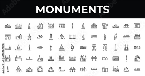 outline monuments icons set - bay, pula arena, kaaba building. editable vector for web and mobile ui