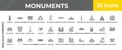 outline monuments icons set - national mall, t, luxor temple. editable vector for web and mobile ui