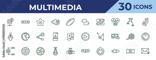 outline multimedia icons set - chat speech bubbles, science conference, data flow. editable vector for web and mobile ui