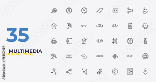 outline multimedia icons set - projector len, big video projector, science conference. editable vector for web and mobile ui