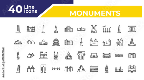 outline monuments icons set - hu picchu, clock tower, tower of pisa. editable vector for web and mobile ui