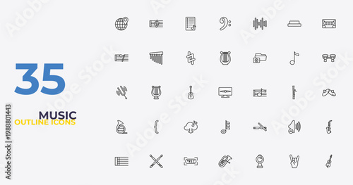 outline music icons set - harp, clave, violoncello. editable vector for web and mobile ui