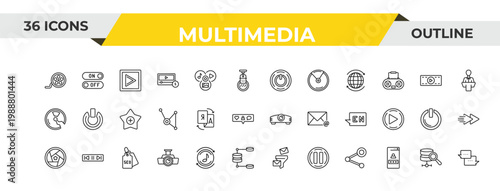outline multimedia icons set - on button, translate, seo tag. editable vector for web and mobile ui