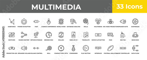 outline multimedia icons set - bitcoin storage, speakers volume, data flow. editable vector for web and mobile ui