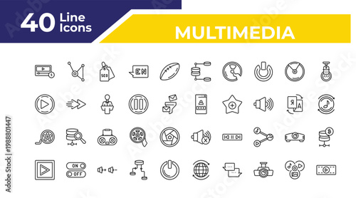 outline multimedia icons set - play buttom, roll, square play button. editable vector for web and mobile ui