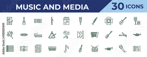 outline music and media icons set - tuning fork, diapason, dotted barline. editable vector for web and mobile ui