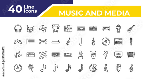 outline music and media icons set - cymbals, music, dvd disc. editable vector for web and mobile ui