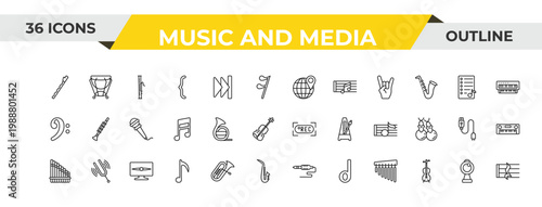 outline music and media icons set - globe with pointer, horn, television screen off. editable vector for web and mobile ui