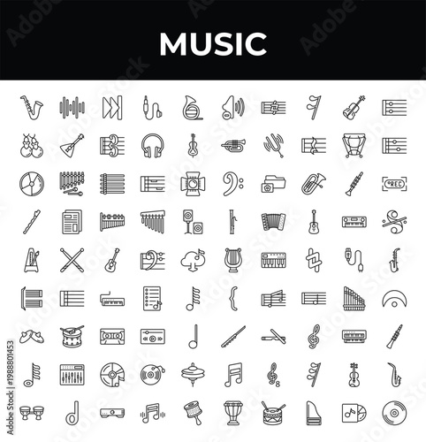 outline music icons set - castanets, metronome, bongo. editable vector for web and mobile ui