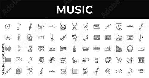 outline music icons set - percussion, music note, violoncello. editable vector for web and mobile ui