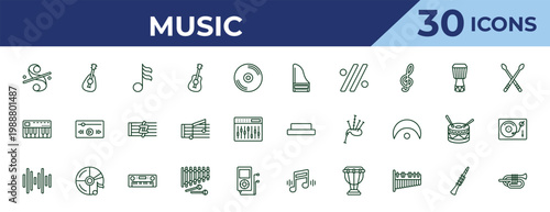 outline music icons set - harpsichord, music keyboard, sound bars. editable vector for web and mobile ui