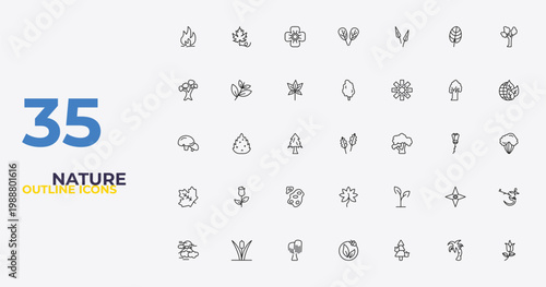 outline nature icons set - tulip tree tree, plant growing on book, flower of leaves. editable vector for web and mobile ui