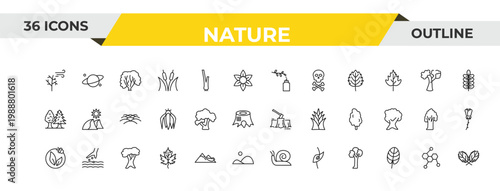 outline nature icons set - floral decorations, honey-locust tree, white oak tree. editable vector for web and mobile ui