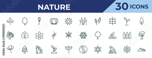 outline nature icons set - reed bed, willow, peony. editable vector for web and mobile ui