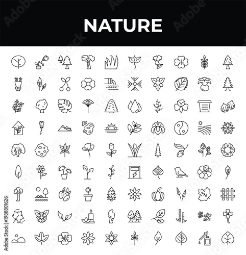 outline nature icons set - flower bouquet, american hornbeam tree, hills. editable vector for web and mobile ui