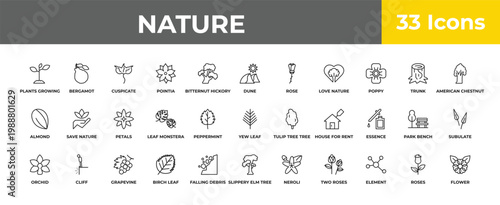 outline nature icons set - petals, cliff, flower. editable vector for web and mobile ui