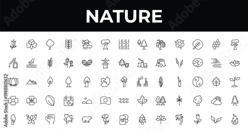outline nature icons set - white oak tree, nymphea, pair of flowers. editable vector for web and mobile ui