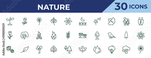 outline nature icons set - cultivation, tulip, leaf monstera. editable vector for web and mobile ui