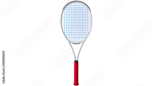 Fotografía White tennis racket with blue strings and red grip, isolated on transparent back