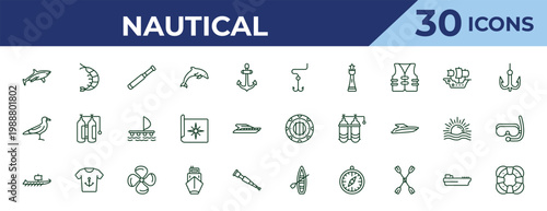 outline nautical icons set - double bait, seagull, trireme. editable vector for web and mobile ui