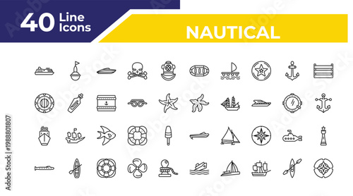 outline nautical icons set - submarine window, ballast, submarine. editable vector for web and mobile ui