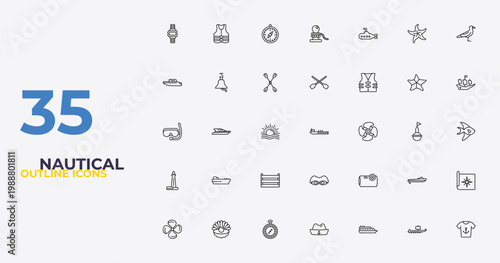 outline nautical icons set - seaworthy, water resist camera, shirt. editable vector for web and mobile ui