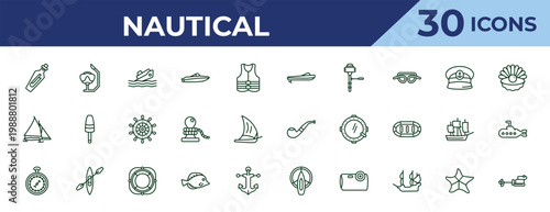 outline nautical icons set - roofless speed boat, iceboat, barometer. editable vector for web and mobile ui