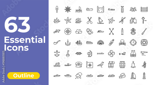 outline nautical icons set - tanker ship, windsurf board, skiff. editable vector for web and mobile ui