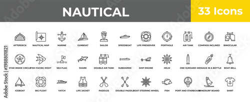 outline nautical icons set - sea flag, big float, shirt. editable vector for web and mobile ui