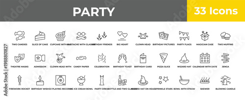outline party icons set - clown head with hat, birthday wish, blowing candle. editable vector for web and mobile ui