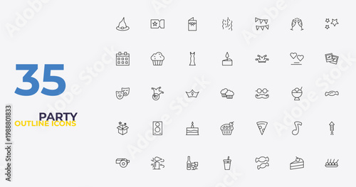 outline party icons set - birthday wish, pizza slice, skewer. editable vector for web and mobile ui