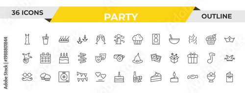 outline party icons set - sweet cake, theatre masks, dj playing records. editable vector for web and mobile ui