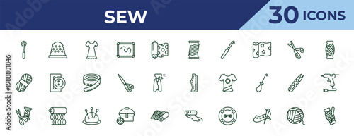 outline sew icons set - wire coil, wool ball, sewing equipment. editable vector for web and mobile ui