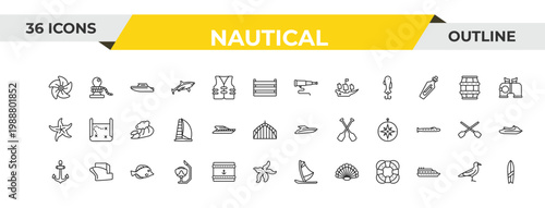 outline nautical icons set - boat telescope, yatch, fish. editable vector for web and mobile ui