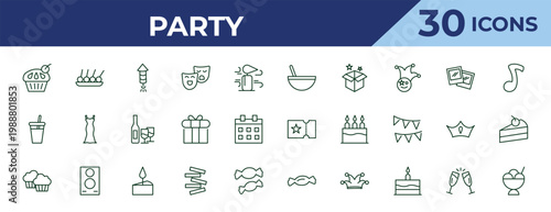 outline party icons set - bowl with straw, juice bottle with straw, two muffins. editable vector for web and mobile ui