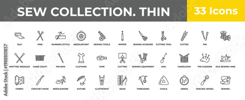 outline sew collection. thin icons set - pin sew, crochet hook, sewing. editable vector for web and mobile ui