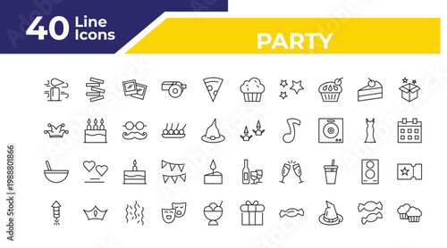 outline party icons set - clown head, bowl with straw, firework rocket. editable vector for web and mobile ui